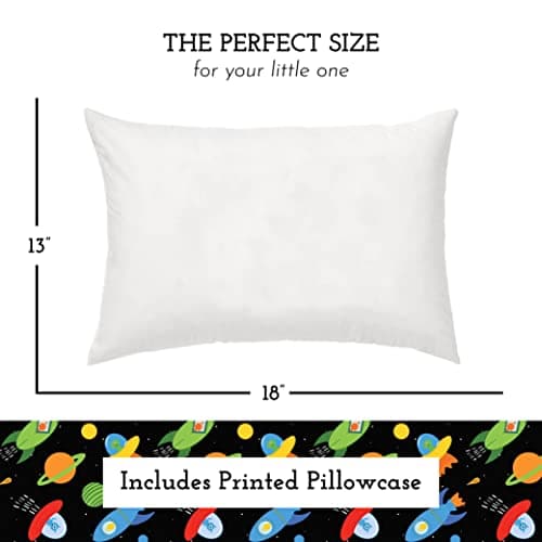 Toddler Pillow with Toddler Pillowcase (Space N Rockets) - Soft Hypoallergenic Pillow, Best Kids Travel Pillow! Better Neck Support! Nap Pillow for kids in Small Toddler Bed, Cribs, or School!