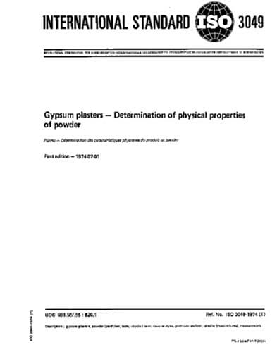 ISO 3049:1974, Gypsum plasters -- Determination of physical properties of powder
