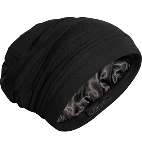 Satin Bonnet Lined Sleeping Beanie Hat Bamboo Headwear Frizzy Natural Hair Nurse Cap for Women and Men (Black)