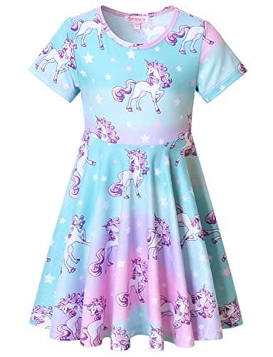 QPANCYGirls Unicorn Dresses Summer Swing Short Sleeve Casual Clothes for Little Kids
