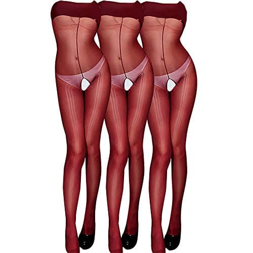 Sexy Crotchless Bodystocking 2 (Pairs) - Glitter Ultra Sheer Open Crotch Nightwear Pantyhose (Red)