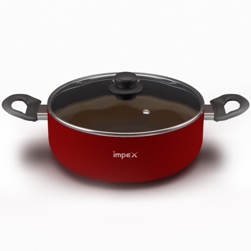 Impex Aluminium Greblon Sauce Pan ISP-2411, 3 Layers Non-Stick Sauce Pan (Red), Bakelite Handle, Tempered Glass with Air Vent
