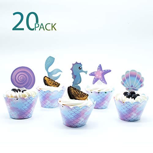 20 PCS Ocean Cupcake Toppers and Wrappers, Ocean Theme Party Decoration Supplies,Glowing Ocean Cake Topper Perfect for Birthday, Baby Shower, Mermaid Theme Party, Marine Party and Festivals
