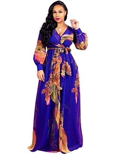 Womens Maxi Dress Boho Chiffon Floral Printed V-Neck Long Dresses (S-5XL)