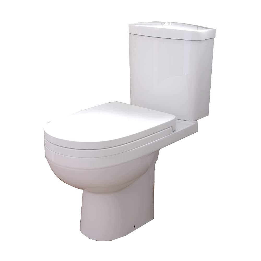 iBathUK Modern Bathroom Slimline Close Coupled D Shaped Pan Toilet with Cistern Short Seat WC Push Button Flush White - Sleek