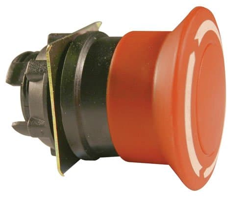 22mm Push Button Body, Thermoplastic, Mushroom, Red, Push-Turn Release, 30mm, Round Arrow Marking (Requires Auxiliary Contact Block for Proper Operation)