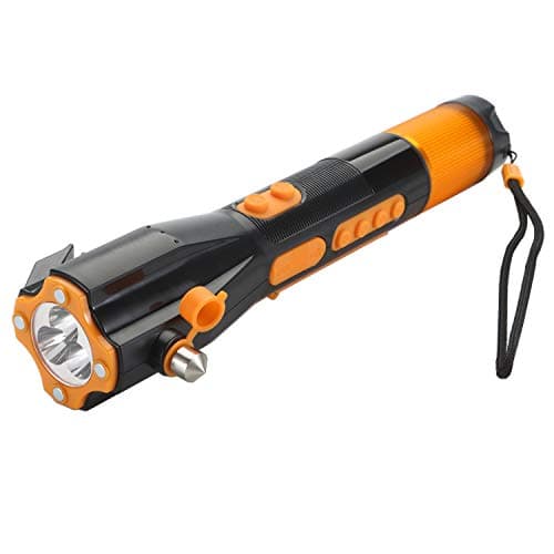 Emergency Radio Flashlight Water Resistant Window breaker ALL in ONE Rechargeable Survival tool Seat belt cutter Bright LED Hand crank USB cell phone charger Compass Survival Red flasher