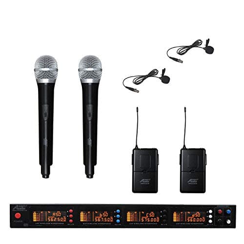 Audio 2000s AWM6528H2L2 4 Channel UHF Wireless Microphone with 2 Handhelds & 2 Lapel (Lavalier).