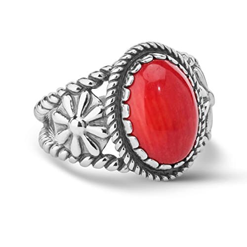 American West Sterling Silver Women's Ring Oval-shaped Gemstone Native Flower Design Size 5 to 10