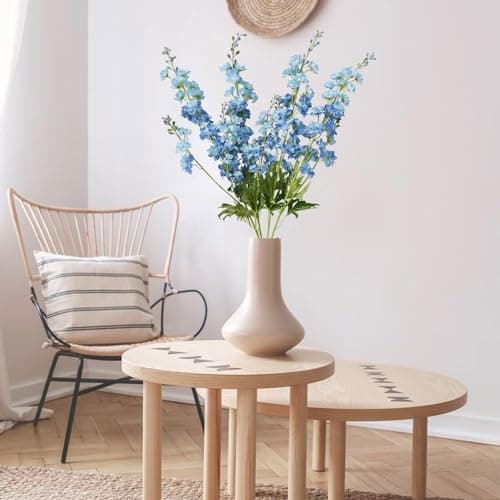 JINWOE 4Pcs Blue Delphinium Artificial Flowers, 34'' Lifelike Faux Larkspur Silk Flowers,Long Stem Fake Delphinium Plant Flower for Tall Floor Vase Outdoor Bouquet Home Table Kitchen Decor