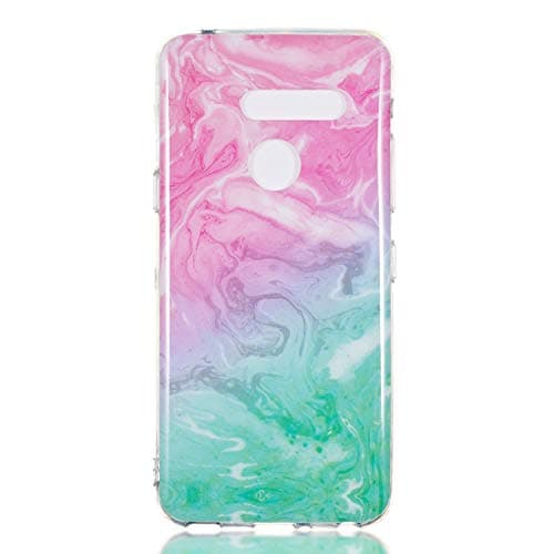 LG G8 ThinQ Case, Glossy Marble Pattern Slim Hard Soft Silicone Back Case Cover Fit for LG G8 ThinQ (Pink&Green)