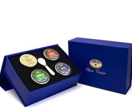Prestige Collection Black Caviar Gift Box - Includes Beluga Sturgeon, Osetra, White Sturgeon, Siberian Osetra Aurora Roe & Mother of Pearl Serving Spoon - Overnight Delivery