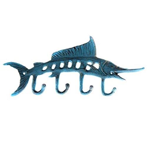 Cast Iron Blue Marlin Fish with 4 Hooks for Coat Caps and Keys 10" Long