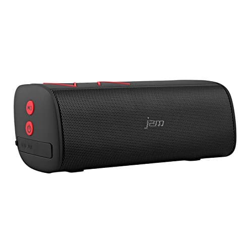 Jam Thrill Wireless Stereo Speaker, Built-In Speakerphone, Splash-Proof, Perfect for Pool Parties, Voice Prompts, Size of Water Bottle, Deep Bass, Crisp Tones, Mega Volume, Red