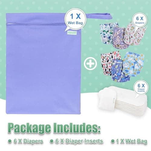 wegreeco Cloth Diapers 6 Pack with 6 Inserts & 1 Wet Bag, Washable Cloth Diapers for Babies, One Size Adjustable Reusable (Leaves, Animals)