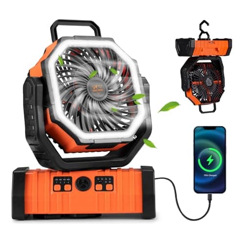 SanHima Camping Fan with LED Light - 20000mAh Rechargeable Battery Powered Portable Fan w/ 360° Rotation Hook, 4 Speed Oscillation Cordless USB Desk Fan for Tent Travel Home Office Beach Fishing