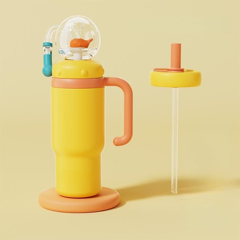 24oz Stainless Steel Whale Fountain Tumbler with Handle – Two Lids, Spill-Proof, Dishwasher Safe, Cute & Perfect for Kids, Teens, and Adults (yellow)