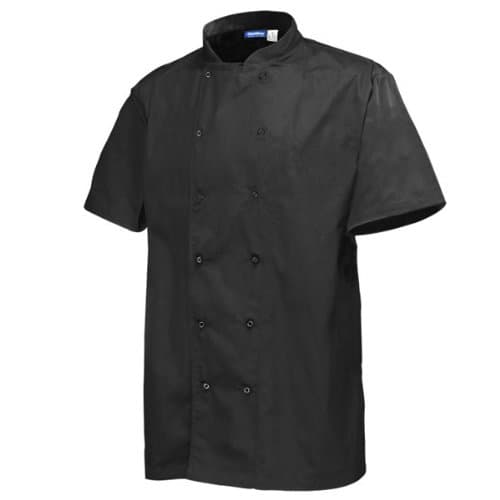 Genware Chef's Basic Stud Short Sleeve Jacket Black Medium | 40-42 inch Chest Chefs Clothing, Chefs Jacket, Cooks Jacket - Polycotton Mix