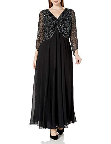 J Kara Women's Plus Size 3/4 Sleeve V-Neck Beaded Top Long Gown
