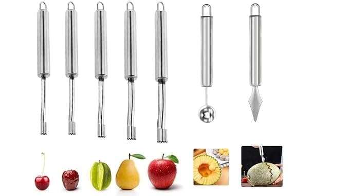 Kruvad Multi-Function Stainless Steel 7 Pcs Corer and Pitter Fruit & Vegetable Corer and Pitter Remover Set for Apple, Pear, Cherry, Jujube, Berry, Chili in Sharp Serrated Blade [ 20x14x1.5 CM ]