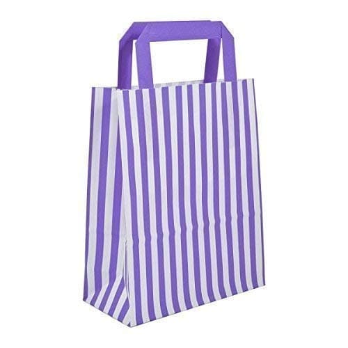 We Can Source It Ltd - Purple Candy Stripe Kraft Paper Carrier Bags 18cm x 8cm x 22cm with Tape Handles – SOS Block Bottom Bags for Takeaway, Weddings, Catering, and Retail - Pack of 40