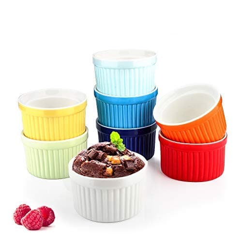 Colorful Ramekin Bowls 8 PCS,4 OZ Bakeware Set for Baking and Cooking, Oven Safe Sleek Porcelain Ramikins for Pudding, Creme Brulee, Custard Cups and Souffle Small instant table tray