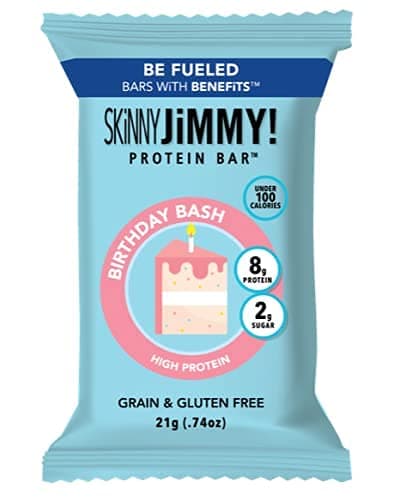 JIMMYBAR Skinny JiMMY! Birthday Bash Protein Bar - Under 100 Calories, Grain and Gluten Free (Birthday Bash, 24ct)