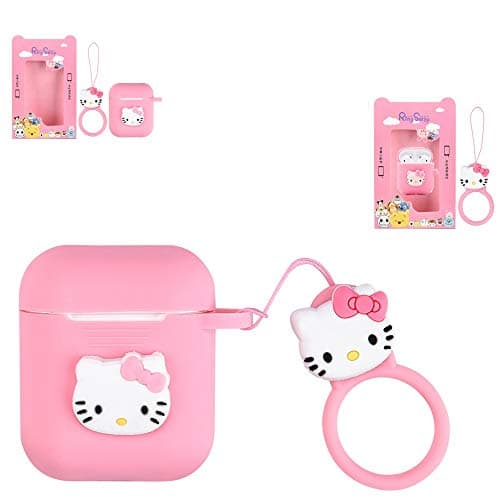 2019 Newest Airpods Case, Kids Hello Kitty 3D Cartoon Kawaii Airpods Cover, Soft Silicone Protective Shockproof Fashion Charging Skin with Funny Ring Strap Holder for Apple Airpods 2/1