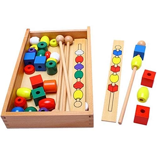 Montessori Wooden Colorful Shape Stick Beading Sequencing Set