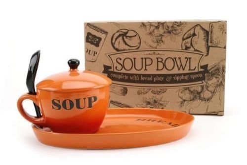 SOUP BOWL WITH LID PLATE AND SPOON BURNT ORANGE