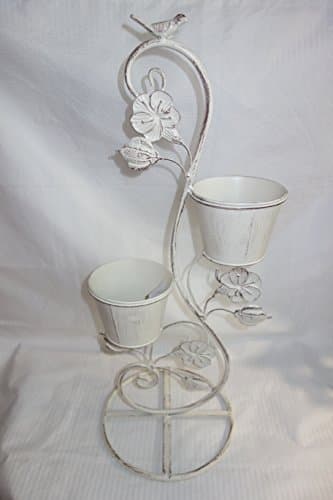 Wrought Iron Planter Stand with 2 mini plant buckets, Shabby Chic, distraught white cottage look