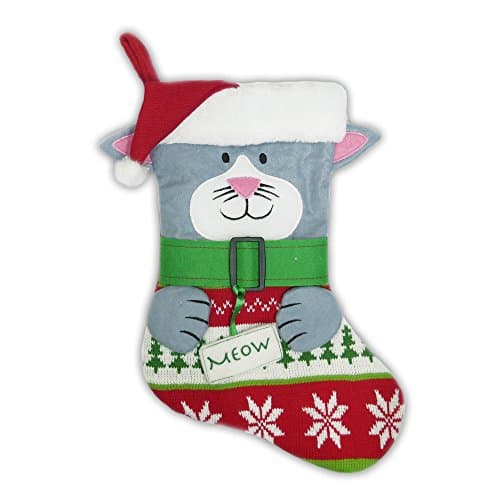 16.5” Knitted Pet Cat Christmas Stocking with Santa Hat, MEOW (Cat)