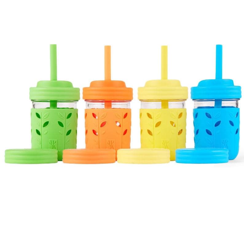 Elk and Friends Kids & Toddler Cups | The Original Glass Mason Jars 8 oz with Silicone Sleeves & Silicone Straws with Stoppers | Smoothie Cups | Spill Proof Sippy Cups for Toddlers | 4 Pack