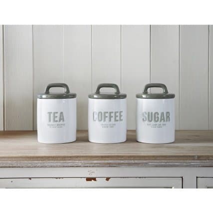 RETRO GREY SET OF 3 CERAMIC TEA COFFEE SUGAR STORAGE JARS CANISTERS NEW Pajee TM