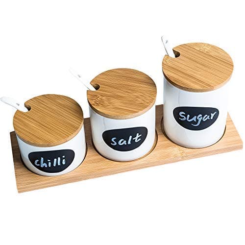Ceramic Condiment Sugar Bowl Set with Lids and Spoons, Coffee Tea Jar Containers, Modern Kitchen Salt Spice Counter Canister Jars, Bamboo Serving Tray, Elegant Dip Sauce Ramekins - Great Gift Idea