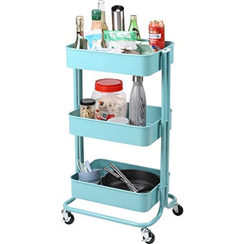 Rackaphile 3-Tier Utility Cart, Heavy-Duty Rolling Storage Cart with Mesh Basket, Multi-Purpose Metal Trolley Organizer Cart with Casters for Bathroom Kitchen Kids’ Room Laundry Room, Blue