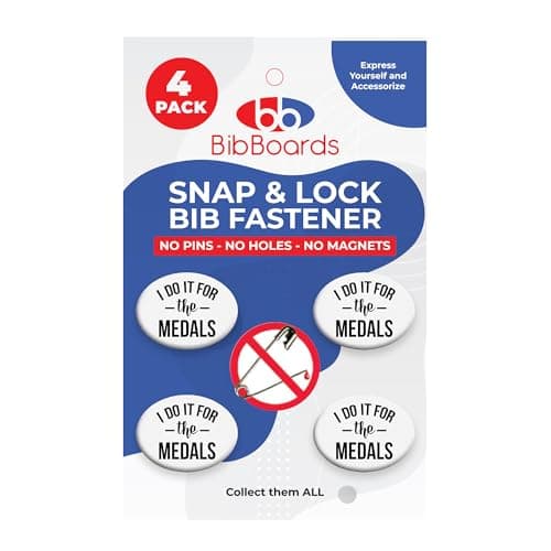 bibSNAPS Race Bib Clips - Safety Lock Fasteners, Secures Running, Marathon, Cycling & Event Number, Non Magnetic, Easy to Use, Snap & Lock, Replacement for Pins & Magnets, I Do it for the Medals(4pcs)