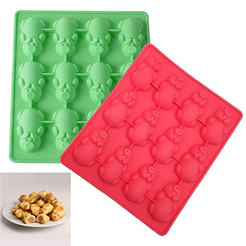 Neepanda Silicone 12 Little Pigs in a Blanket Baking Mold, Silicone Cake Baking Mold Pan for Muffin Tins, Non Stick Cute Pig Molds, BPA Free, Easy to Clean (2 Pack, Red & Green)