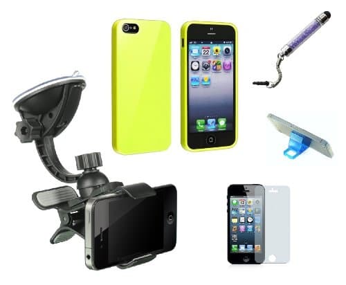 Universal Car Mount Holder for Iphone 5, 5s with Yellow Jelly Case and Holder, Crystal Stylus Pen, Screen Protector