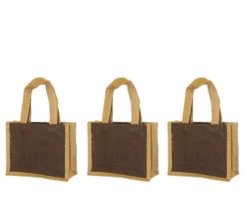 Pack of 3 - Small gift bag with handles Jute burlap bag with jute handles brown with natural size 10"W x 9"H x 3" bags in bulk Eco-friendly Reusable BagCarryGreen Bags