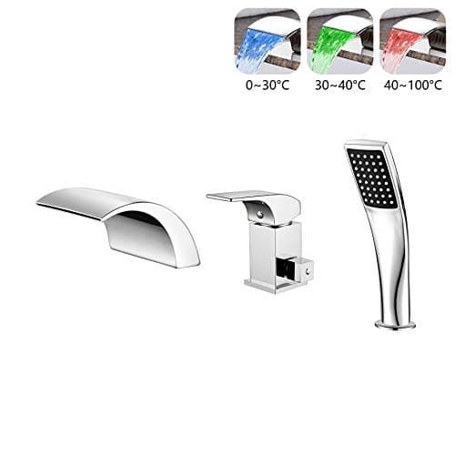 Waterfall Bath Filler Mixer Tap, Bath Tap LED Waterfall, Three Holes Bath Tap Chrome Tub and Shower Sink Mixer Tap Set, Modern Design LED Light Bathroom Bath Tap with Temperature Sensor