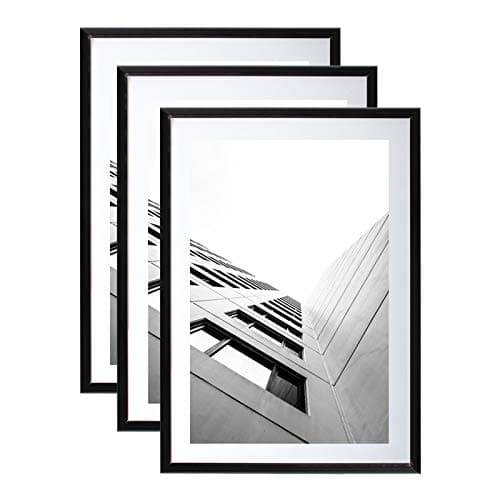 LCD Set of 3 photo frames Black A4 (21x29.7 cm) - Resin picture frame with PLEXI protection glass - Delivered with easel stand and hooks for wall mounting. Ideal for decoration, photo exhibition.