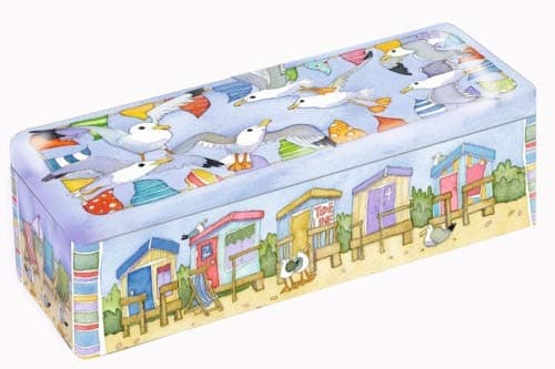 BEACH HUTS - BESIDE THE SEA - Emma Ball Colourful Cream Cracker/Biscuit Tin - Long, Deep Rectangular Kitchen Tin - 24cm