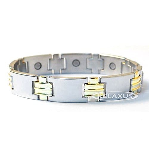 DESIGNER MEN'S CLASSIC 2 TONE GOLD AND SILVER LINK MAGNETIC LINK BRACELET - HIGH STRENGTH MAGNETS. MAGNETIC BRACELET FOR ARTHRITIS AID, PAIN RELIEF, TENDONITIS, CARPAL TUNNEL, RHEUMATISM, SPORTS, EXERCISE, GARDENING INCREASING BLOOD FLOW TO BOOST NATURAL HEALING. FITS MOST SIZED WRISTS