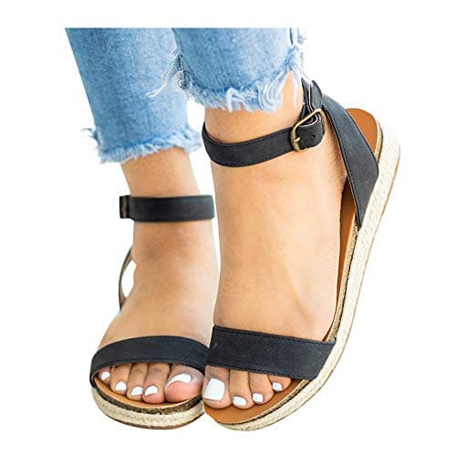 Women's Leopard Print Flats Open Toe Ankle Strap Buckle Sandals Thick-Soled Cork Slippers (Black -2, 10.0)