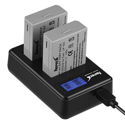 LP-E5 Asperx Replacement Battery (2-Pack) and Rapid Travel Charger for Canon LP-E5 and Canon EOS Rebel XS, Rebel T1i, Rebel XSi, 1000D, 500D, 450D, Kiss X3, KissX2, KissF (No Memory Effect)