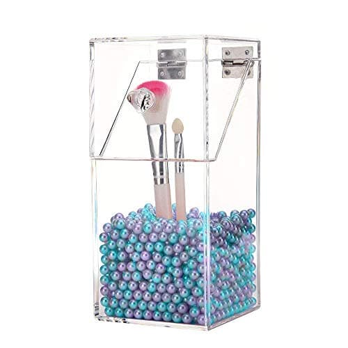 YEEGG Clear Cosmetic Brush Organizer,Acrylic Brush Holder with Lid,Dustproof Makeup Brush Holder with Free Pearls for Vanity Counter-top (Colored Pearls)
