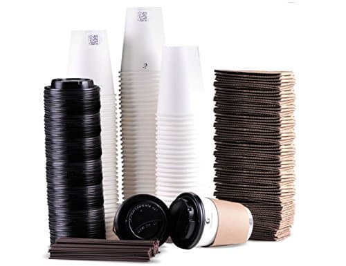 To Go Paper Coffee Cups with Travel Lids Sleeves and Straws 100% Biodegradable & Compostable Pla Eco Friendly Paper Coffee Cups 100 Sets of 12 oz
