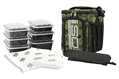 Meal Prep Bag ISOCUBE 3 Meal Insulated Lunch Bag Cooler with 6 Stackable Meal Prep Containers, 2 ISOBRICKS, and 1 Shoulder Strap - MADE IN USA (Marine Woodland)