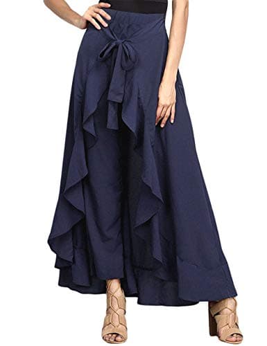 MAYFASEY Women's Casual Chiffon Tie-Waist High Slit Ruffle Palazzon Pant Overlay Maxi Skirt Navy M